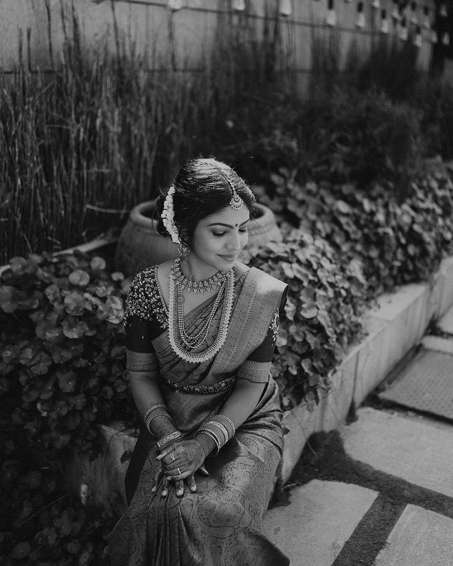 A bride in an elegant black and white portrait